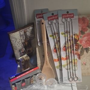 Stainless Steel Skewers & Wooden Spoon Set - Silver and Natural